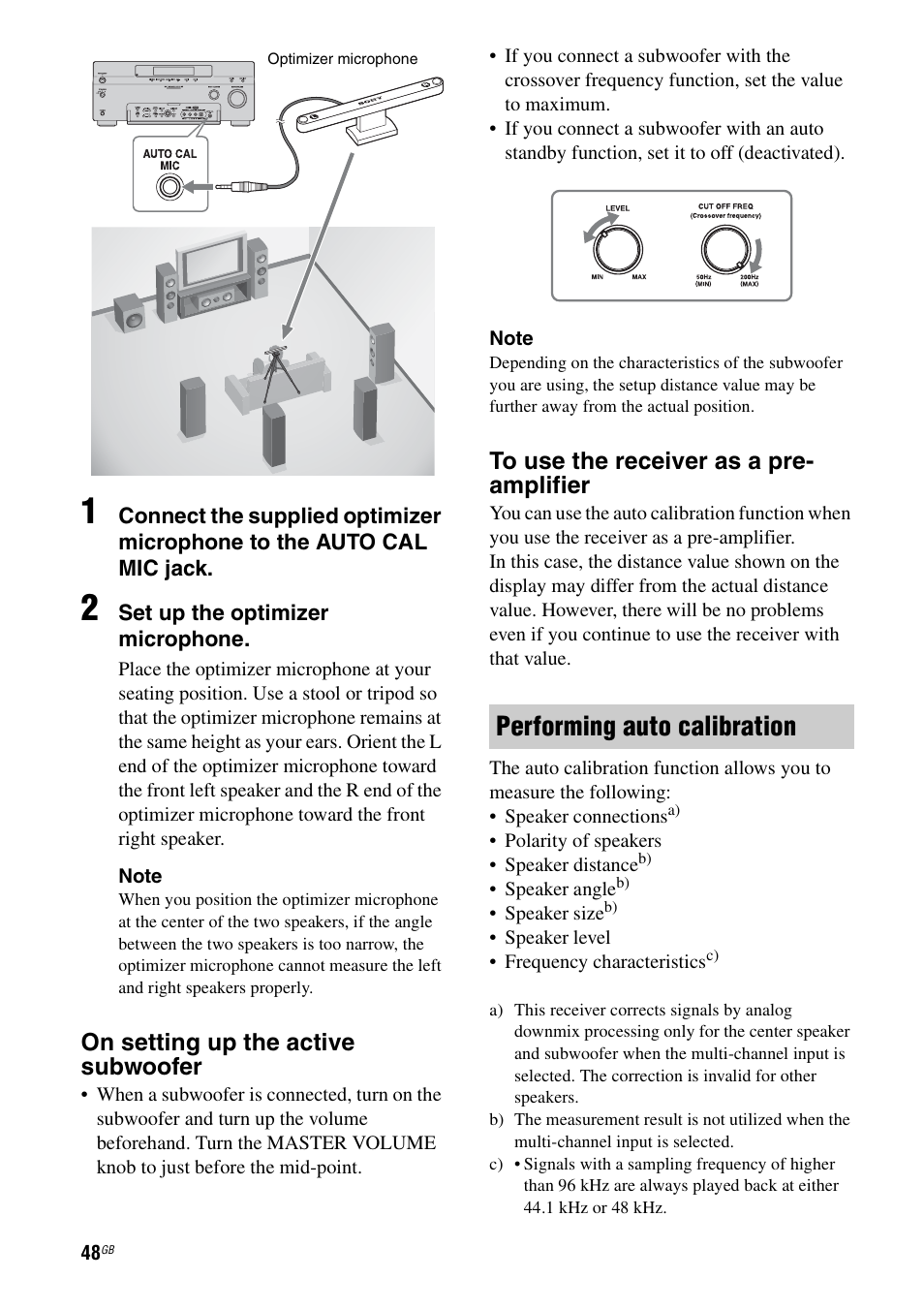 Performing auto calibration, On setting up the active subwoofer | Sony 3-875-814-21(1) User Manual | Page 48 / 162