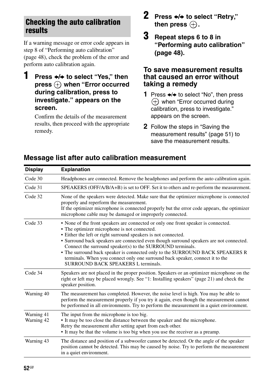 Checking the auto calibration results, Message list after auto calibration measurement | Sony 3-875-814-21(1) User Manual | Page 52 / 162