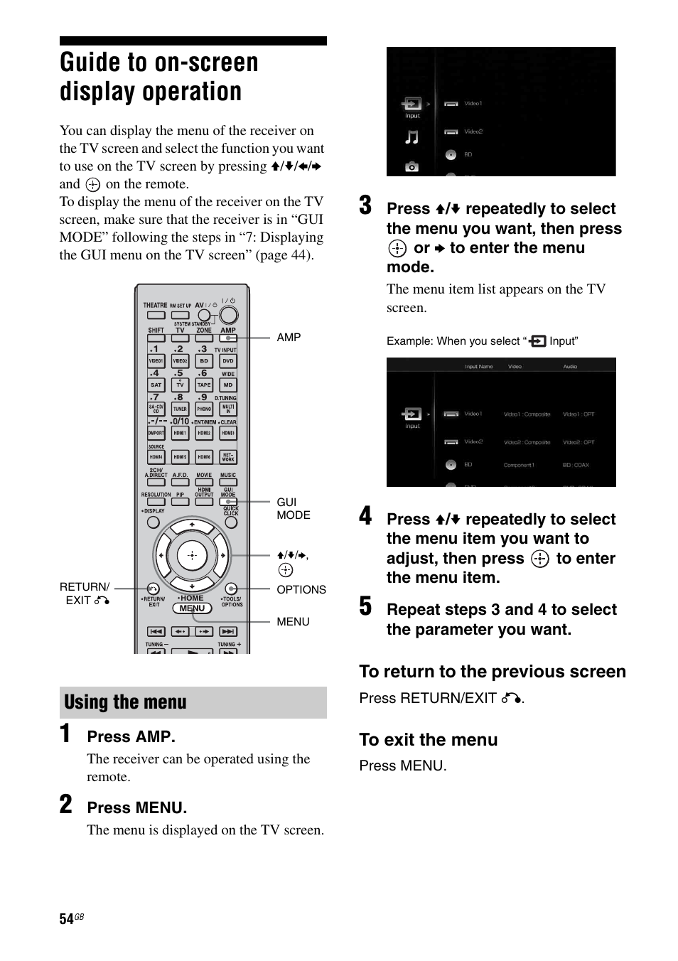 Guide to on-screen display operation, Using the menu | Sony 3-875-814-21(1) User Manual | Page 54 / 162