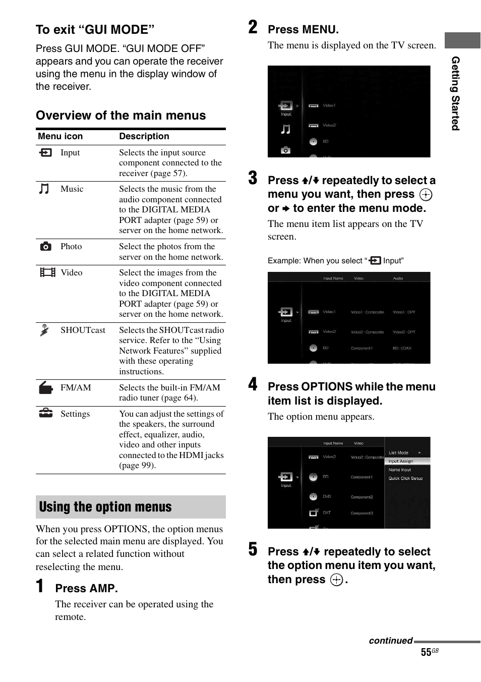 Using the option menus | Sony 3-875-814-21(1) User Manual | Page 55 / 162