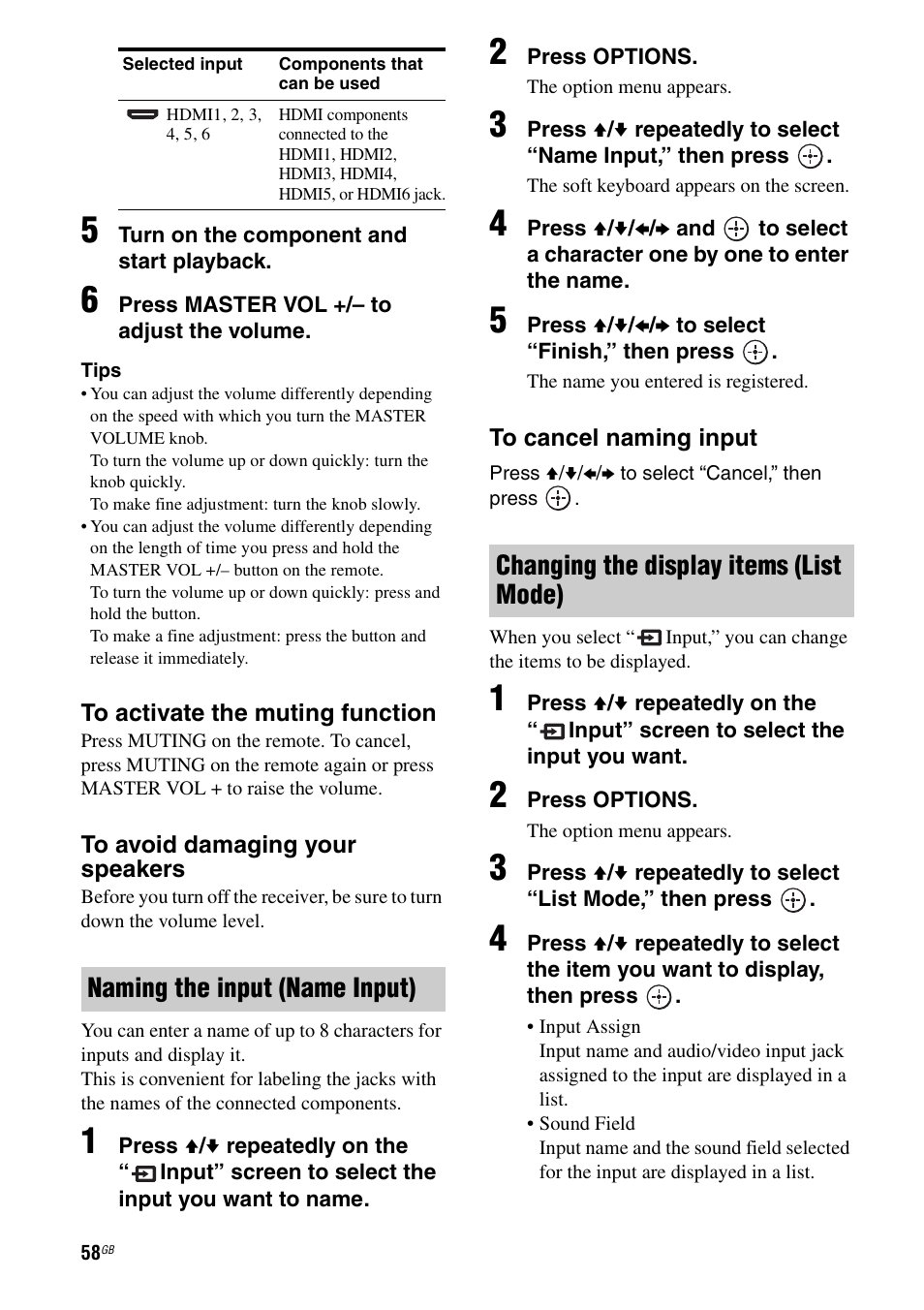 Naming the input (name input), Changing the display items (list mode) | Sony 3-875-814-21(1) User Manual | Page 58 / 162