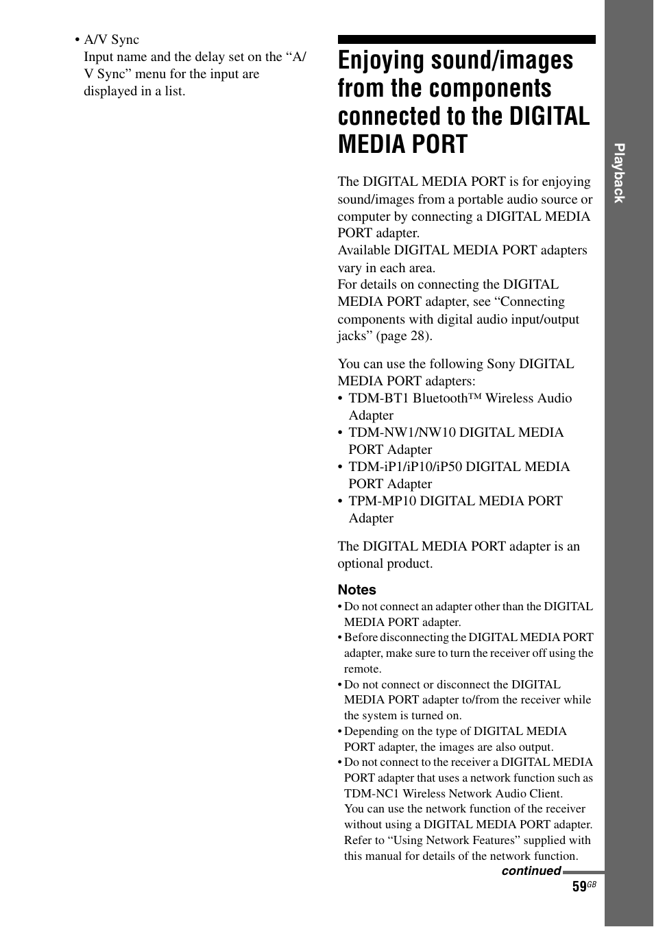 Enjoying sound/images from the components, Connected to the digital media port | Sony 3-875-814-21(1) User Manual | Page 59 / 162