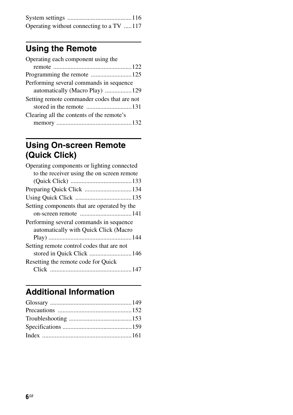 Using the remote, Using on-screen remote (quick click), Additional information | Sony 3-875-814-21(1) User Manual | Page 6 / 162