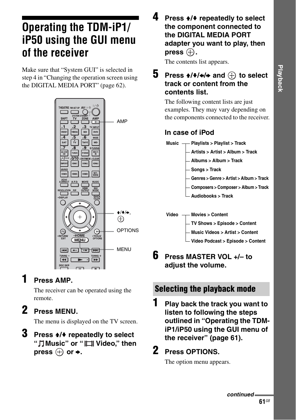 Operating the tdm-ip1/ip50 using the gui, Menu of the receiver, Selecting the playback mode | Sony 3-875-814-21(1) User Manual | Page 61 / 162