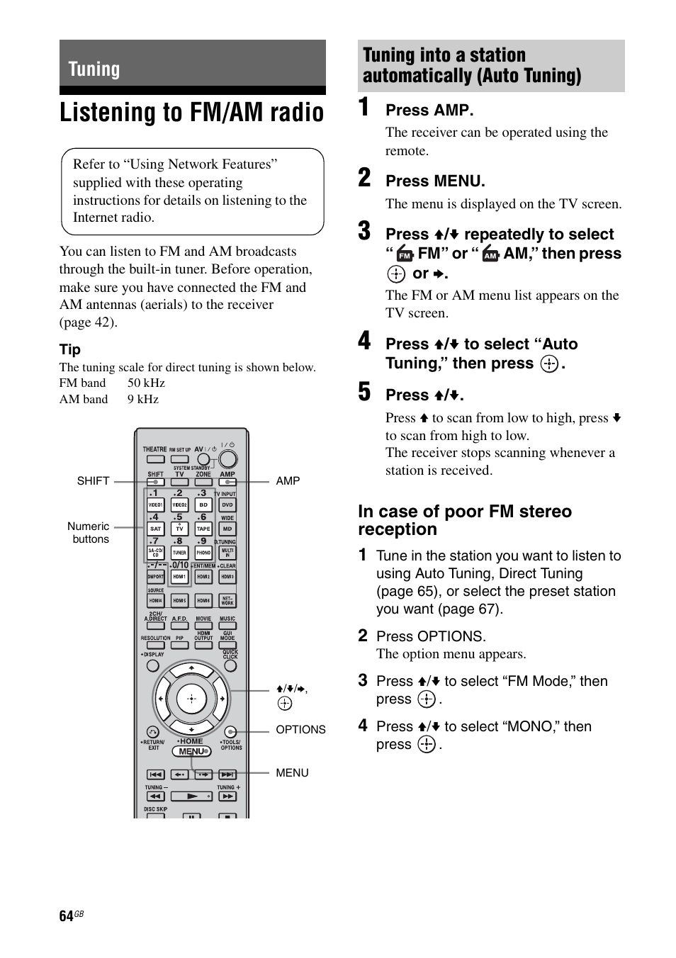 Tuning, Listening to fm/am radio, Tuning into a station automatically (auto tuning) | Sony 3-875-814-21(1) User Manual | Page 64 / 162