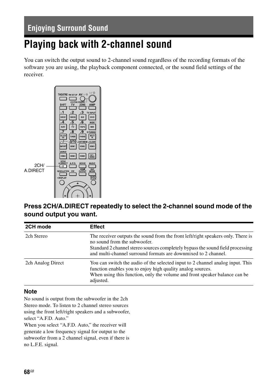 Enjoying surround sound, Playing back with 2-channel sound | Sony 3-875-814-21(1) User Manual | Page 68 / 162