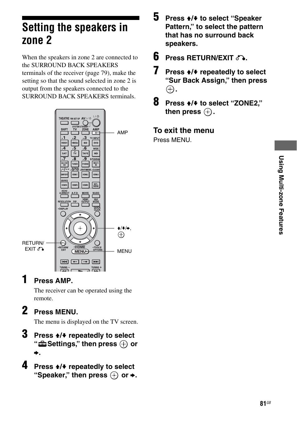 Setting the speakers in zone 2 | Sony 3-875-814-21(1) User Manual | Page 81 / 162