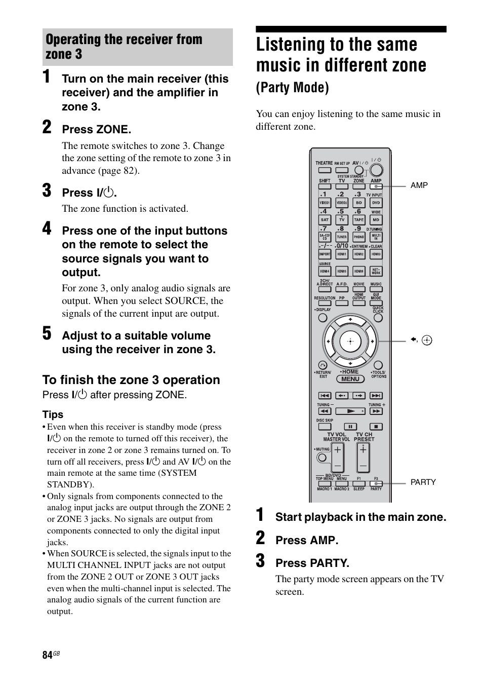 Listening to the same music in different zone, Party mode) | Sony 3-875-814-21(1) User Manual | Page 84 / 162