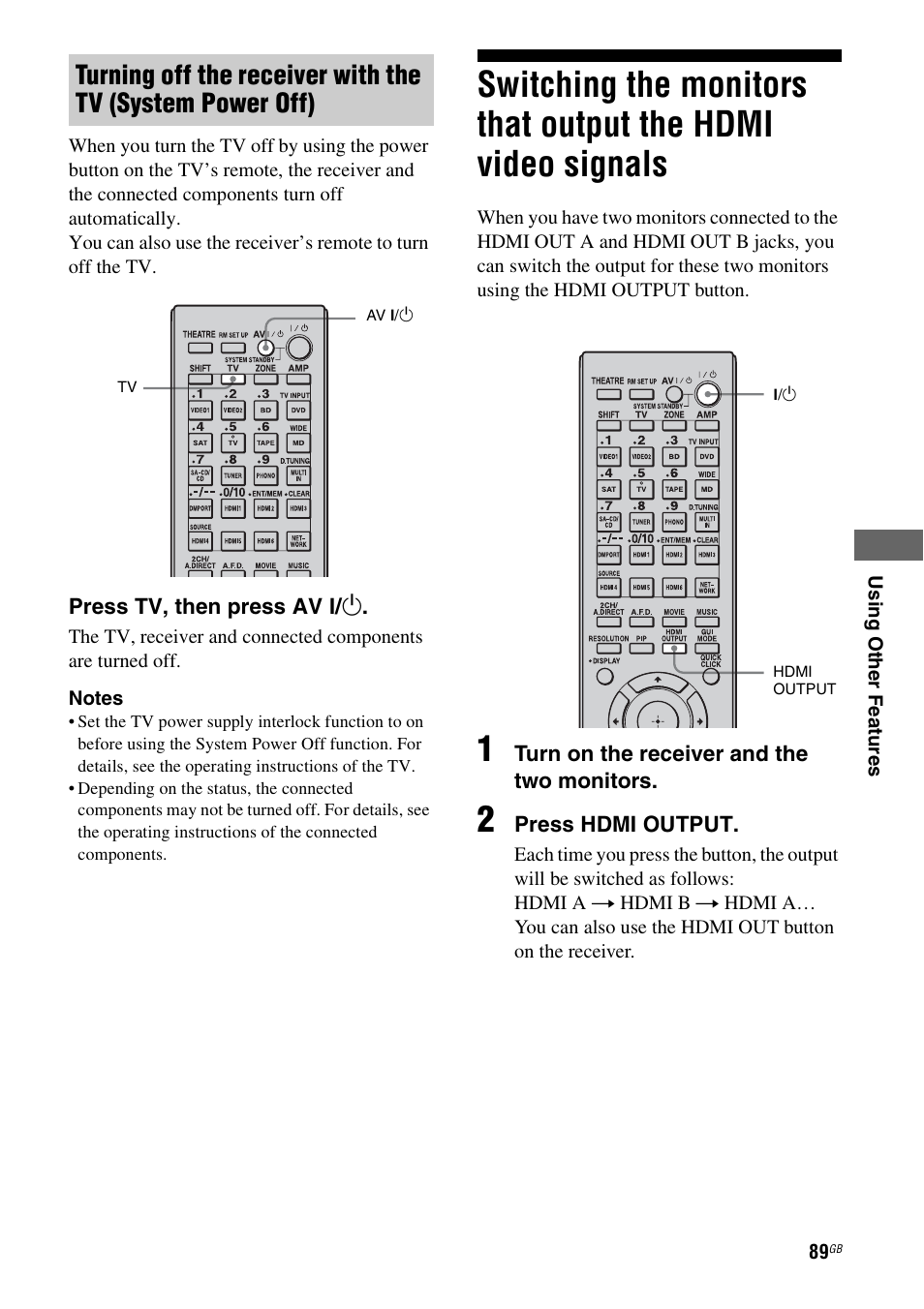 Switching the monitors that output the hdmi, Video signals | Sony 3-875-814-21(1) User Manual | Page 89 / 162