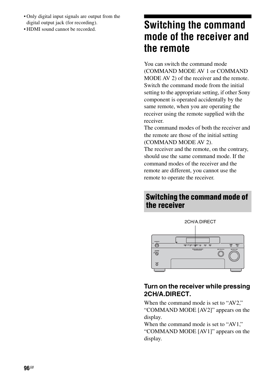 Switching the command mode of the receiver, And the remote | Sony 3-875-814-21(1) User Manual | Page 96 / 162