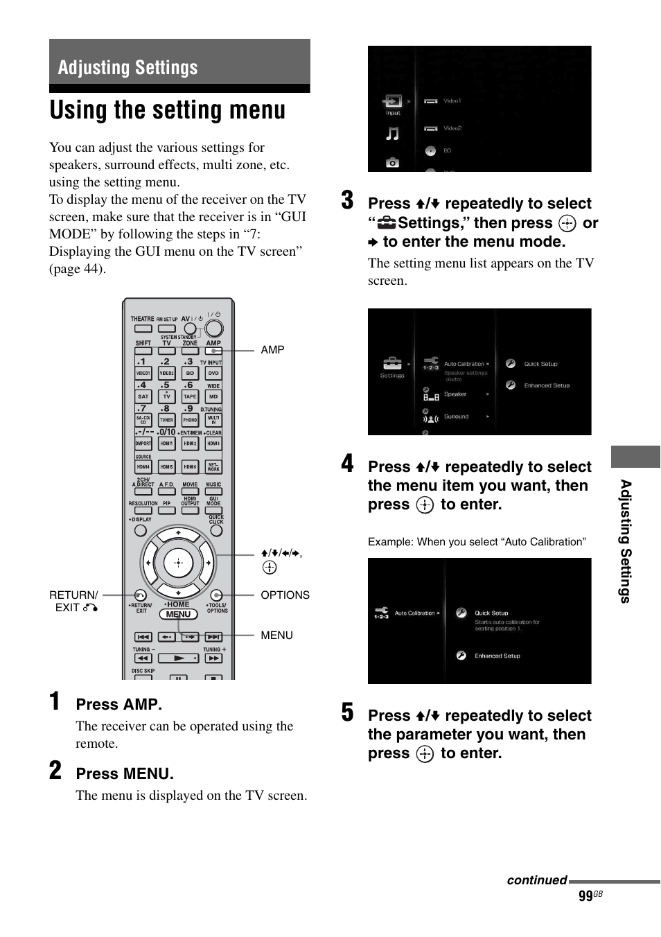 Adjusting settings, Using the setting menu | Sony 3-875-814-21(1) User Manual | Page 99 / 162