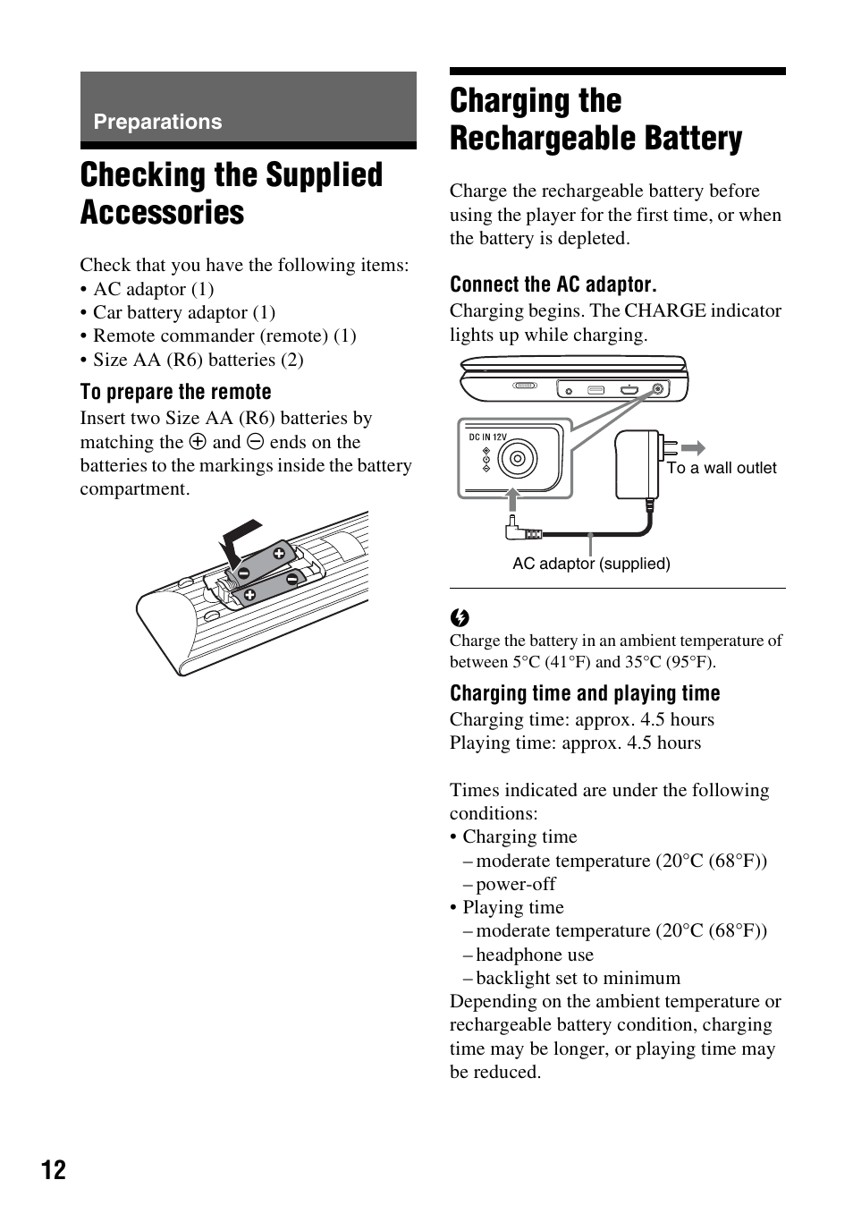 Preparations, Checking the supplied accessories, Charging the rechargeable battery | Sony BDP-SX910 User Manual | Page 12 / 28