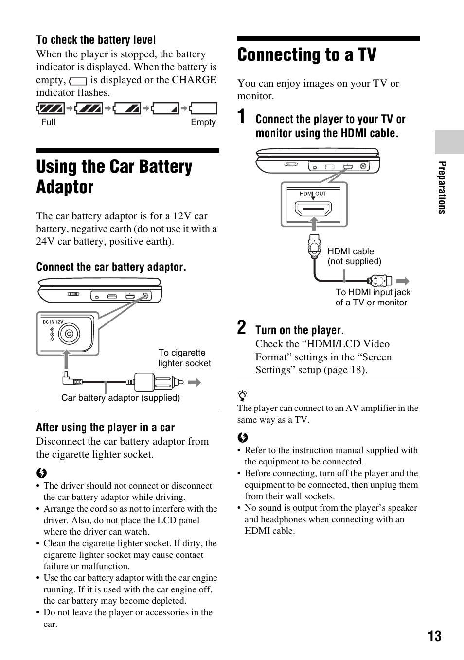 Using the car battery adaptor, Connecting to a tv, Using the car battery adaptor connecting to a tv | Sony BDP-SX910 User Manual | Page 13 / 28