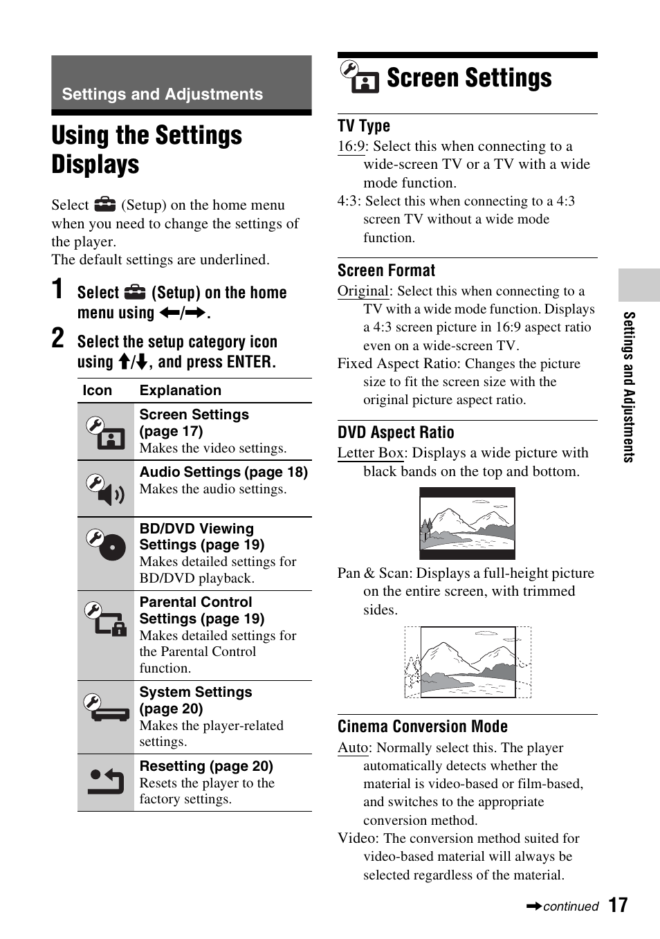 Settings and adjustments, Using the settings displays, Screen settings | Using the settings displays screen settings | Sony BDP-SX910 User Manual | Page 17 / 28