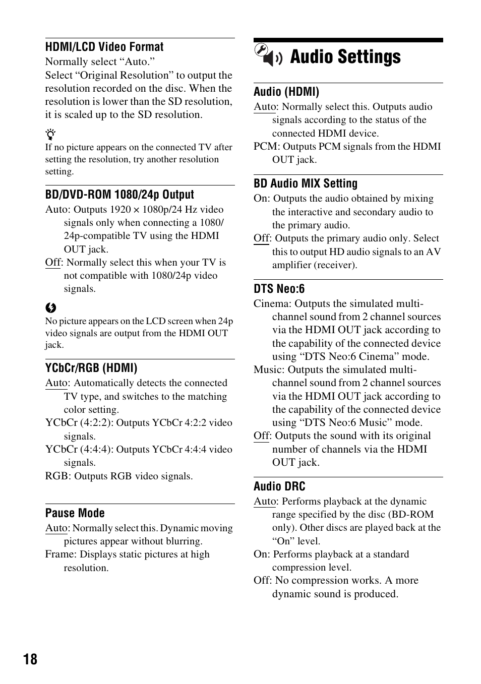 Audio settings | Sony BDP-SX910 User Manual | Page 18 / 28
