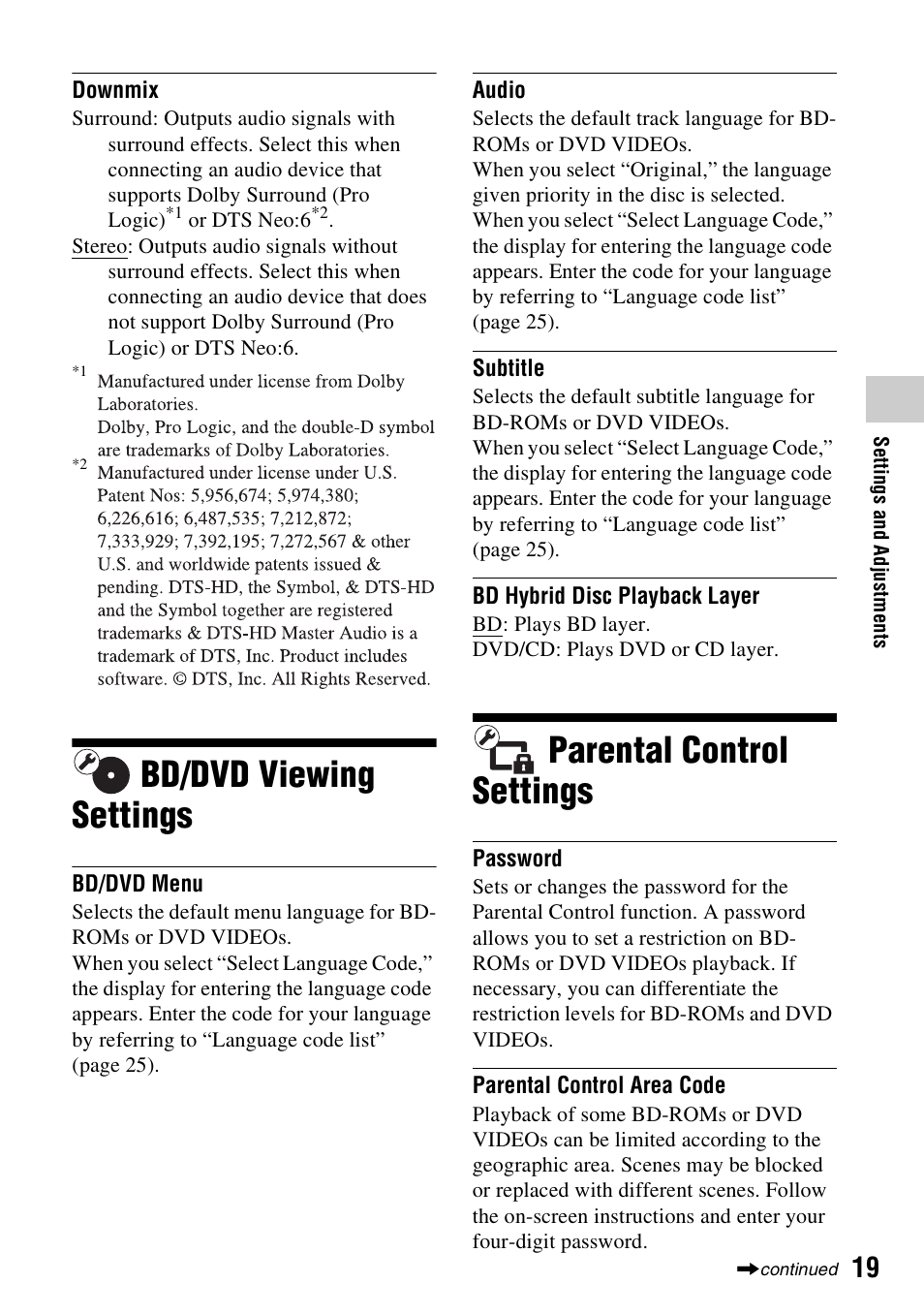 Bd/dvd viewing settings, Parental control settings, Bd/dvd viewing settings parental control settings | Sony BDP-SX910 User Manual | Page 19 / 28