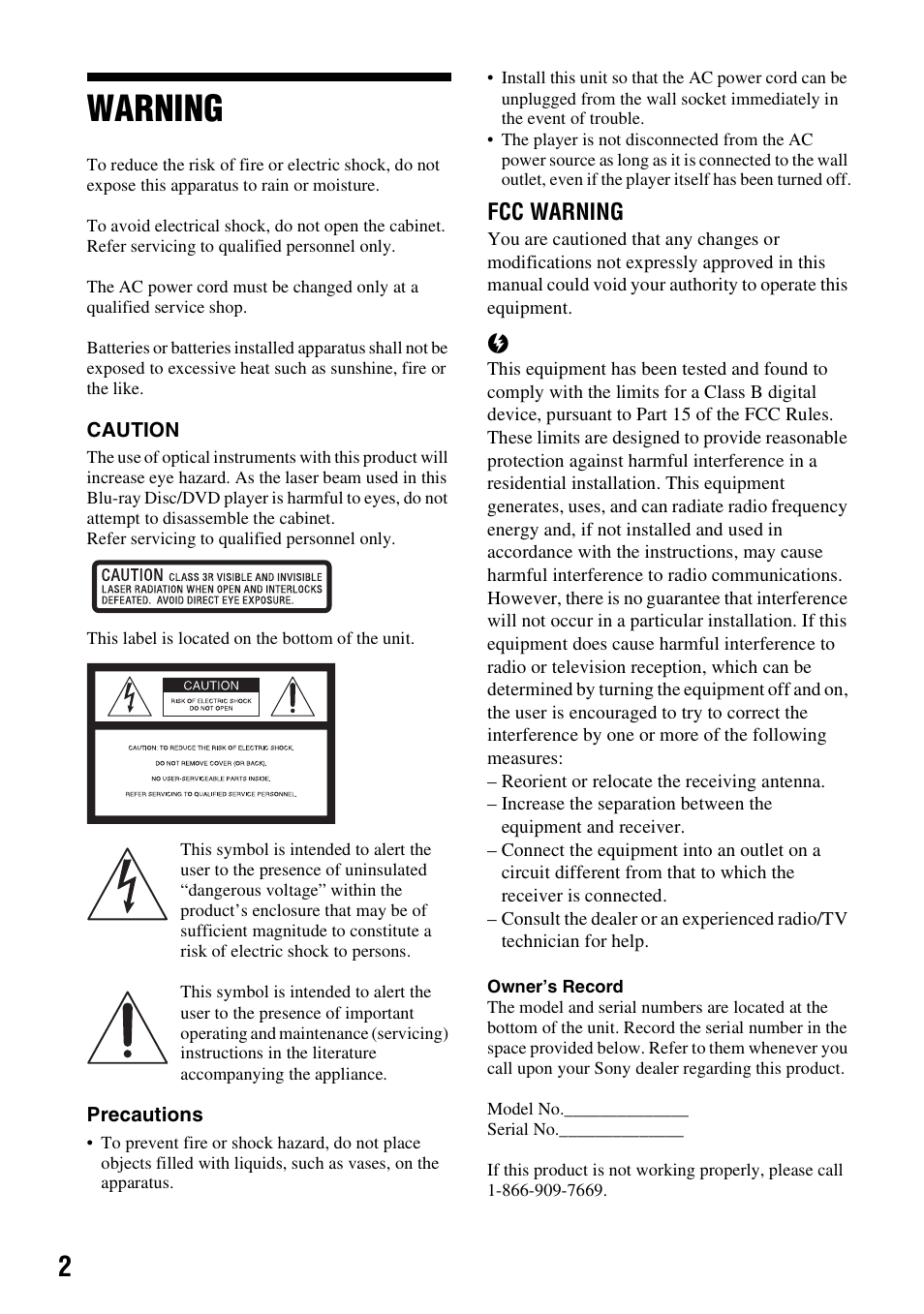 Warning | Sony BDP-SX910 User Manual | Page 2 / 28