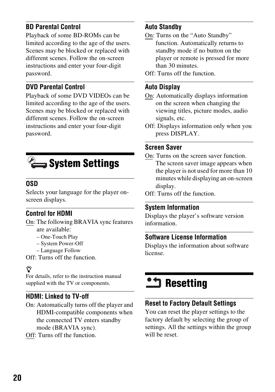 System settings, Resetting, System settings resetting | Sony BDP-SX910 User Manual | Page 20 / 28