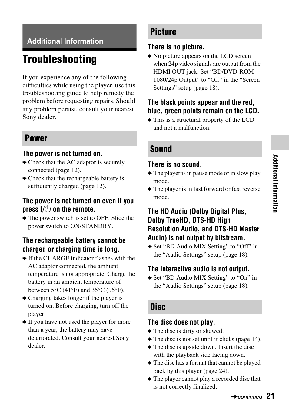 Additional information, Troubleshooting, Power picture sound disc | Sony BDP-SX910 User Manual | Page 21 / 28
