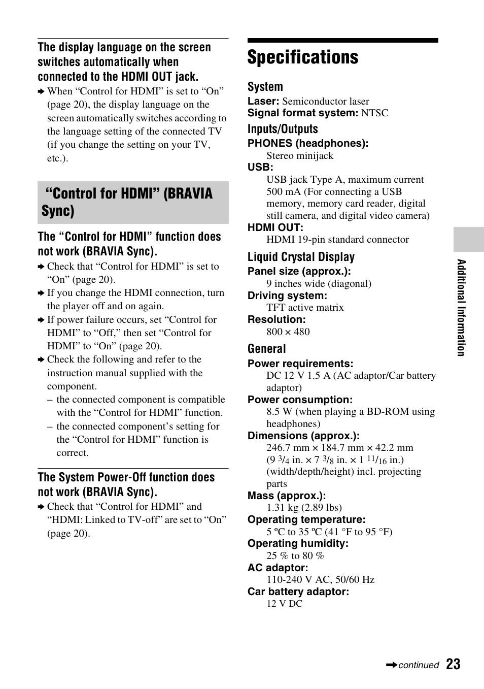 Specifications, Control for hdmi” (bravia sync) | Sony BDP-SX910 User Manual | Page 23 / 28