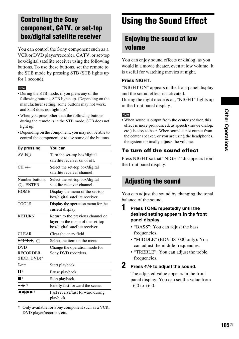 Using the sound effect, Enjoying the sound at low volume, Adjusting the sound | Ne (105) | Sony BDV-IT1000ES User Manual | Page 105 / 155