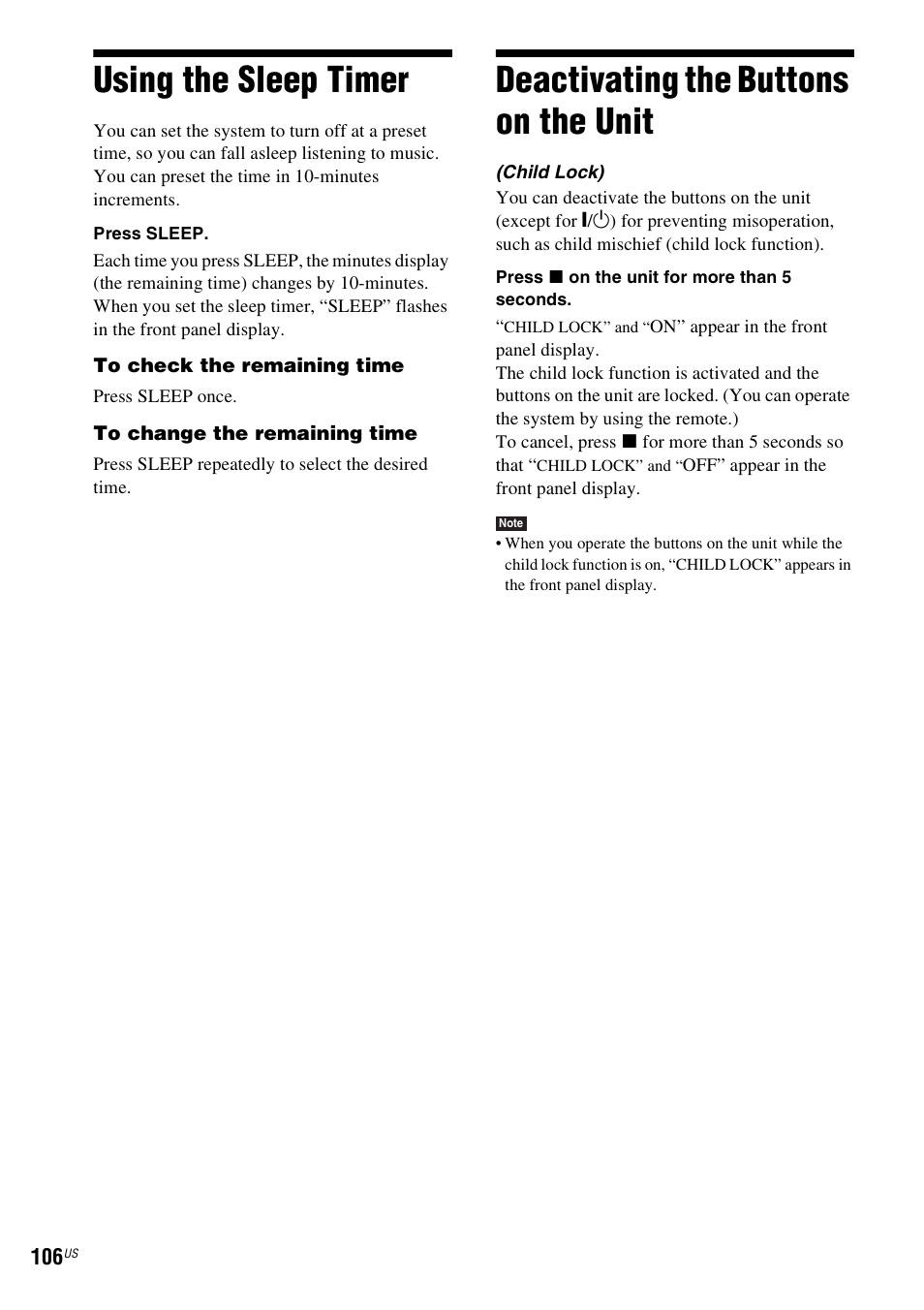 Using the sleep timer, Deactivating the buttons on the unit, Using the sleep timer deactivating the buttons on | The unit, P (106) | Sony BDV-IT1000ES User Manual | Page 106 / 155