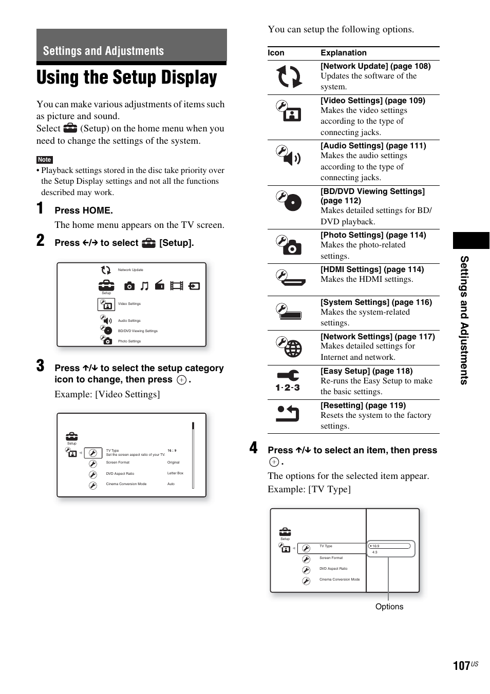 Settings and adjustments, Using the setup display, Se ttings and adjus tme nts | The home menu appears on the tv screen | Sony BDV-IT1000ES User Manual | Page 107 / 155
