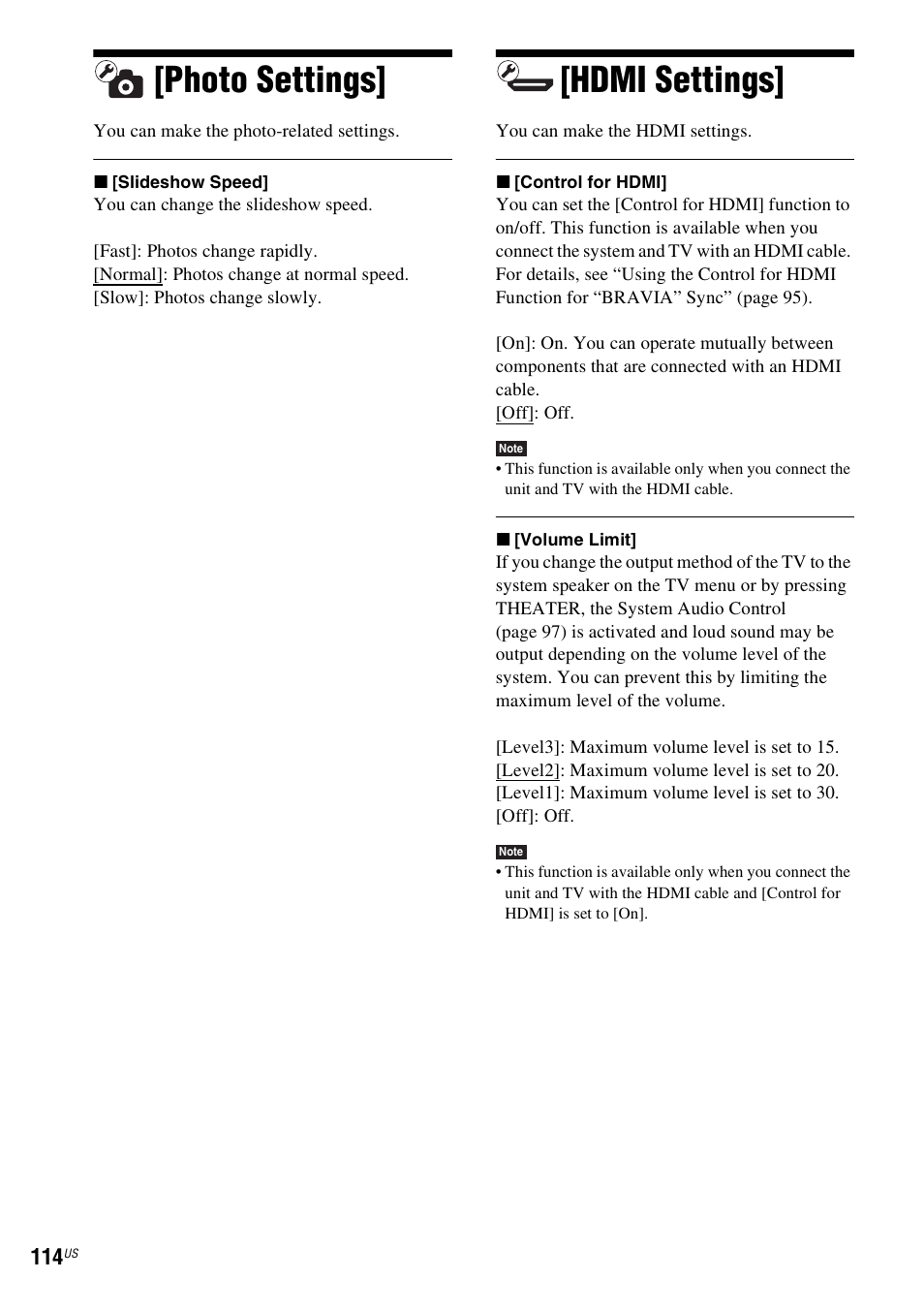Photo settings, Hdmi settings, Photo settings] [hdmi settings | Sony BDV-IT1000ES User Manual | Page 114 / 155