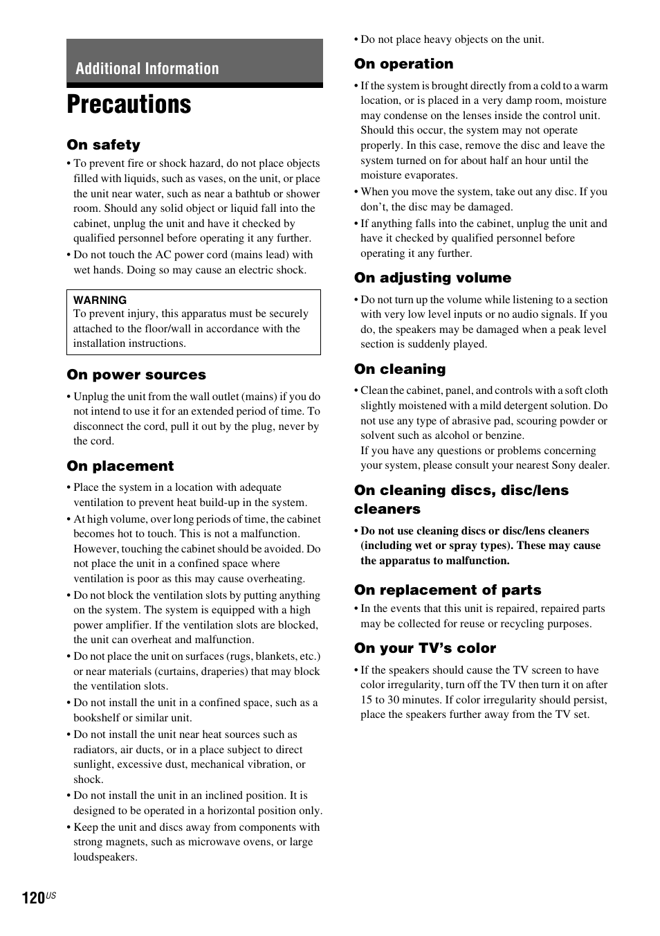 Additional information, Precautions | Sony BDV-IT1000ES User Manual | Page 120 / 155