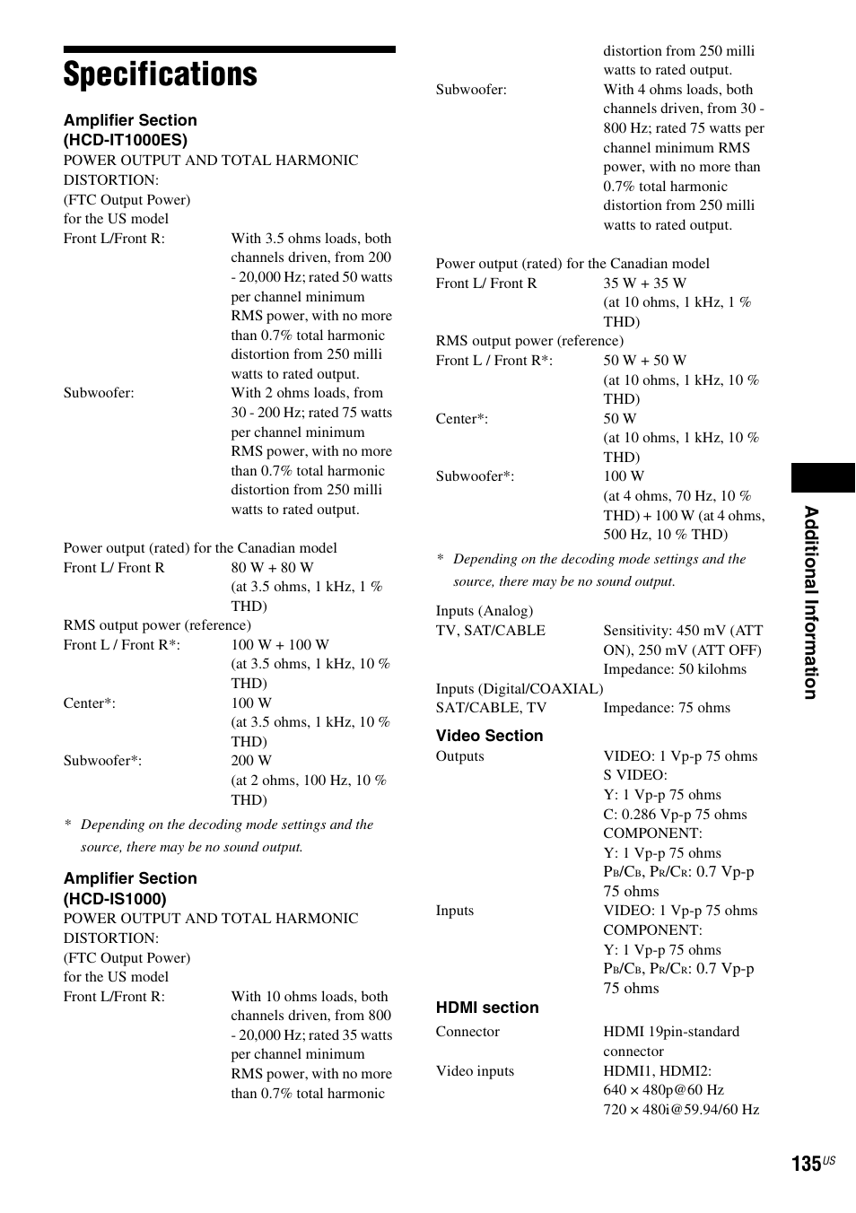 Specifications, Ad ditio n al inf o rm at ion | Sony BDV-IT1000ES User Manual | Page 135 / 155