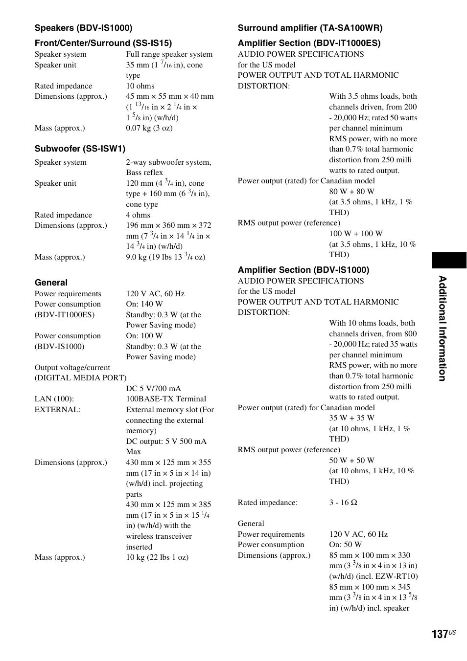 Ad ditio n al inf o rm at ion | Sony BDV-IT1000ES User Manual | Page 137 / 155