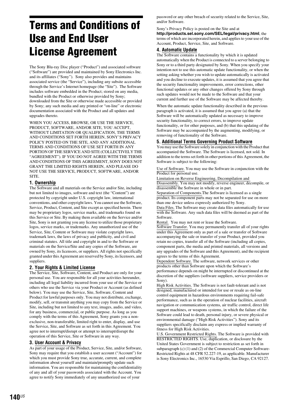 Terms and conditions of use and end, User license agreement | Sony BDV-IT1000ES User Manual | Page 140 / 155
