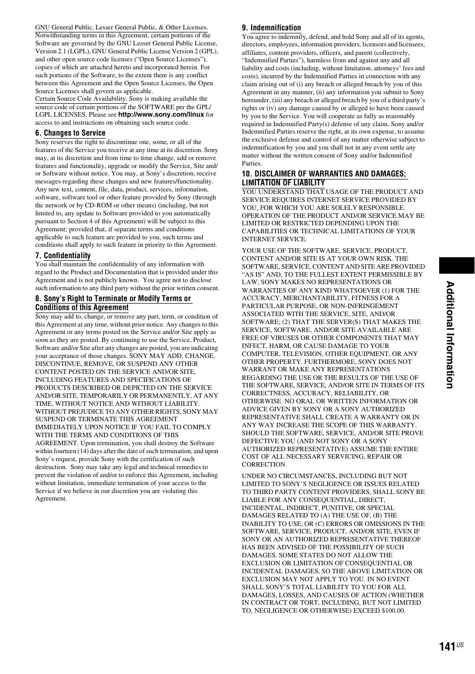 Ad ditio n al inf o rm at ion | Sony BDV-IT1000ES User Manual | Page 141 / 155