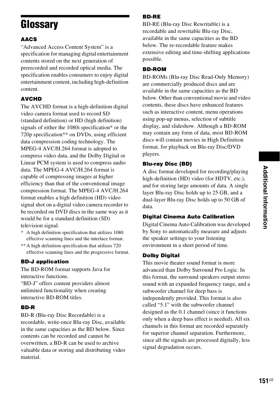 Glossary | Sony BDV-IT1000ES User Manual | Page 151 / 155