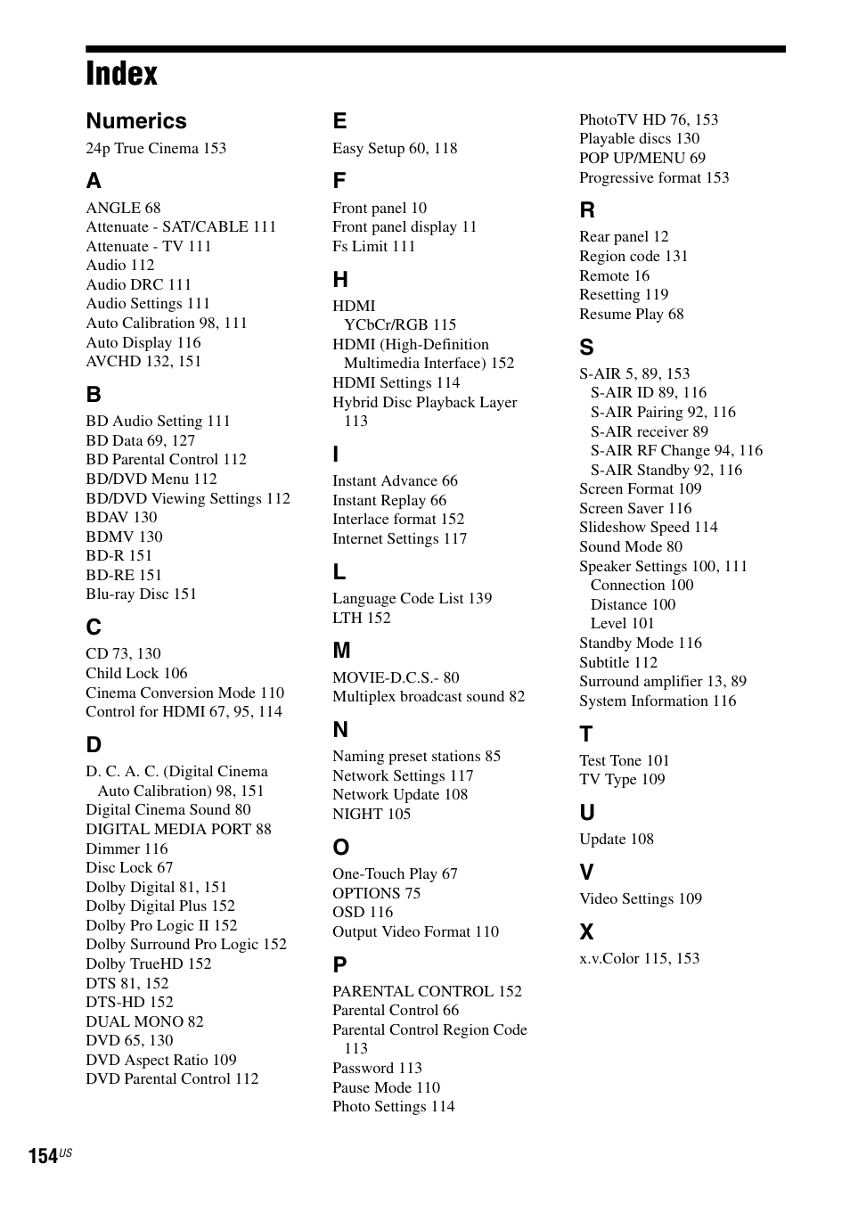 Index, Numerics | Sony BDV-IT1000ES User Manual | Page 154 / 155