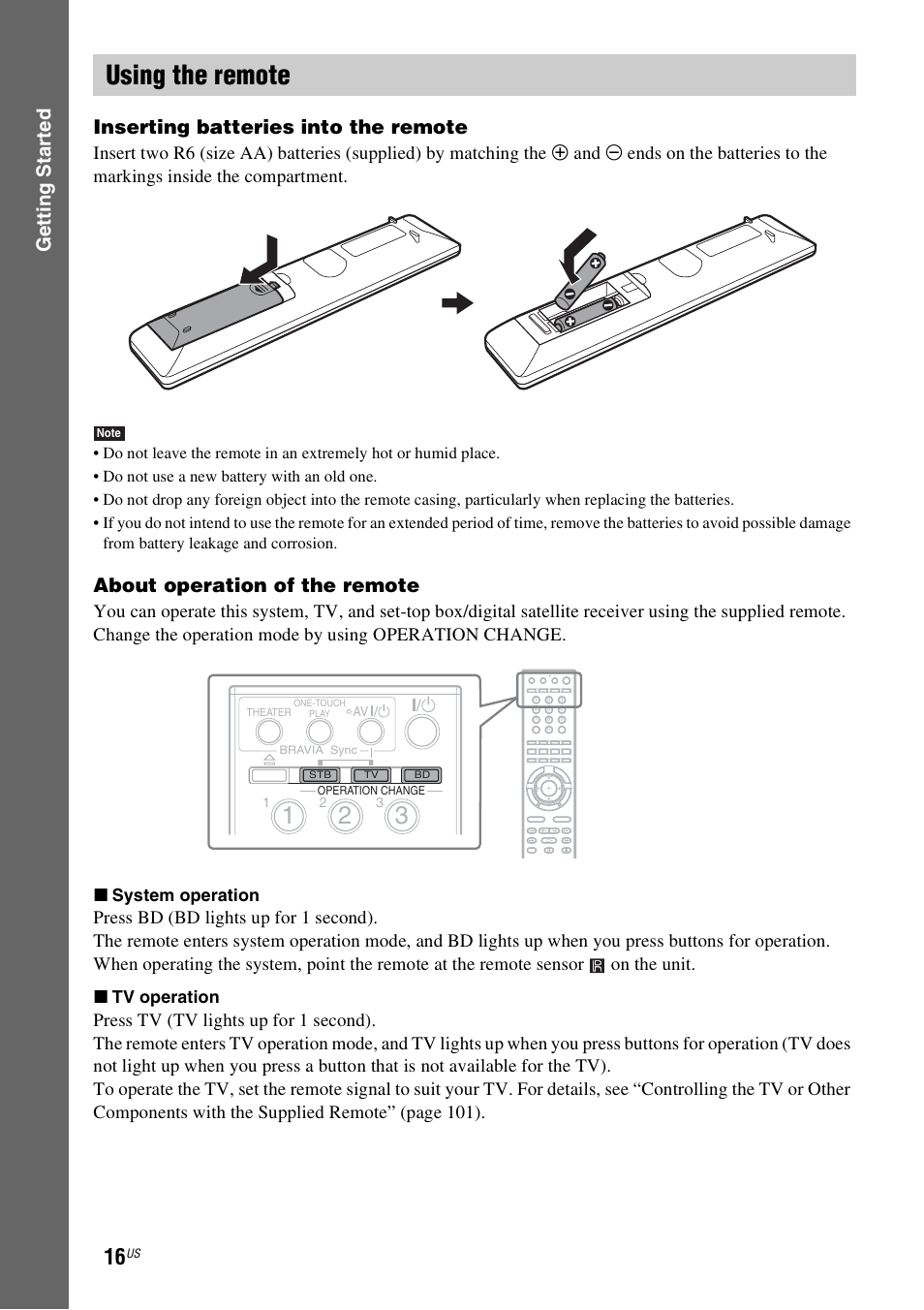 Using the remote, R) (16), About operation of the remote | Sony BDV-IT1000ES User Manual | Page 16 / 155
