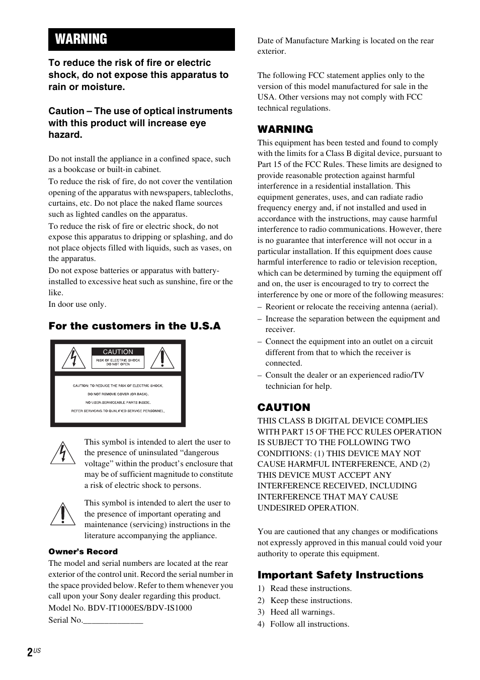 Warning | Sony BDV-IT1000ES User Manual | Page 2 / 155