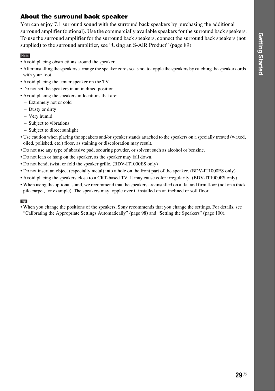 Ge tting star te d about the surround back speaker | Sony BDV-IT1000ES User Manual | Page 29 / 155
