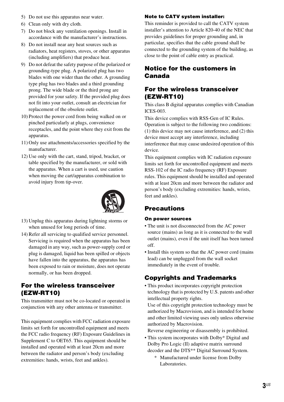 For the wireless transceiver (ezw-rt10), Precautions, Copyrights and trademarks | Sony BDV-IT1000ES User Manual | Page 3 / 155