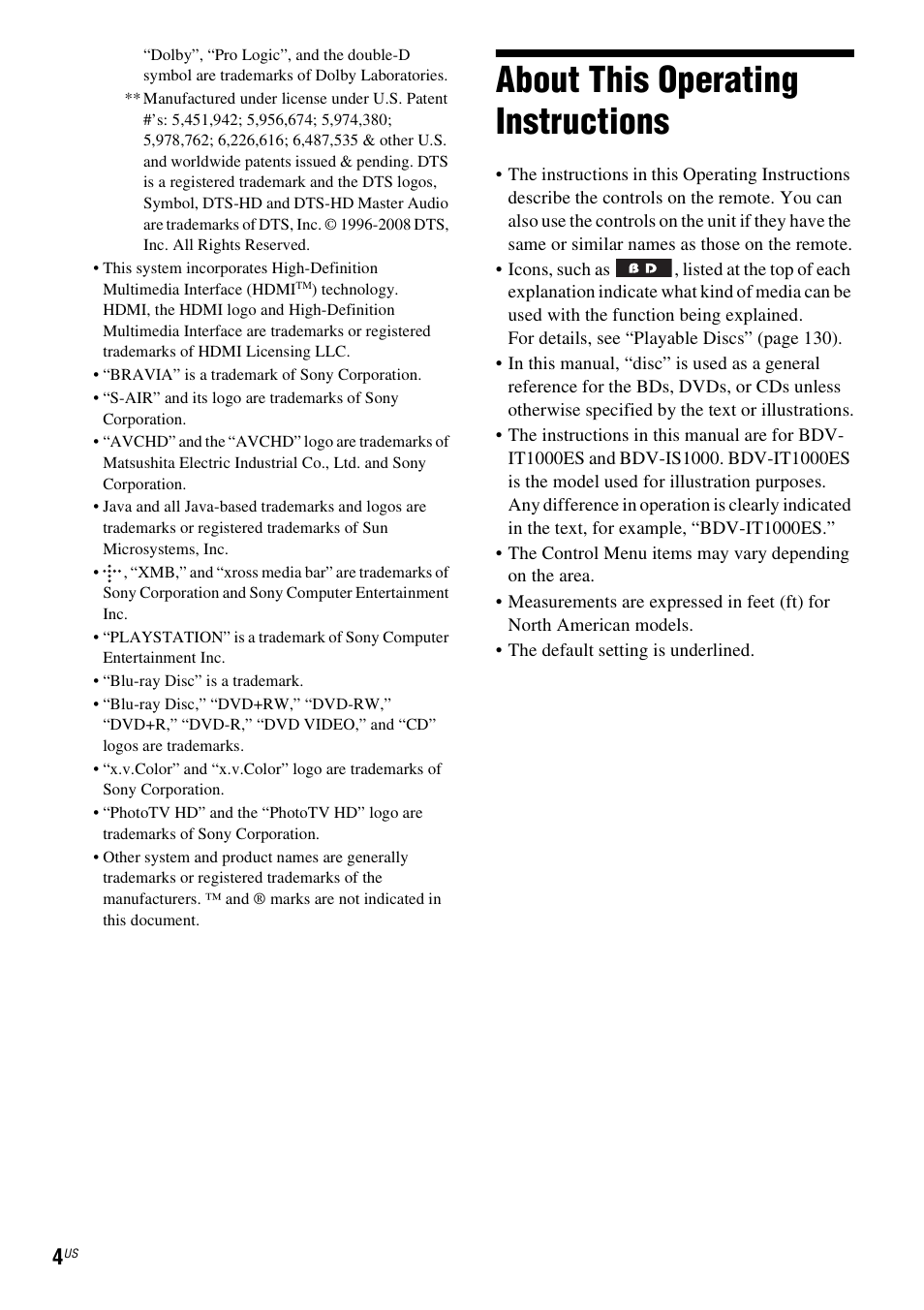 About this operating instructions | Sony BDV-IT1000ES User Manual | Page 4 / 155