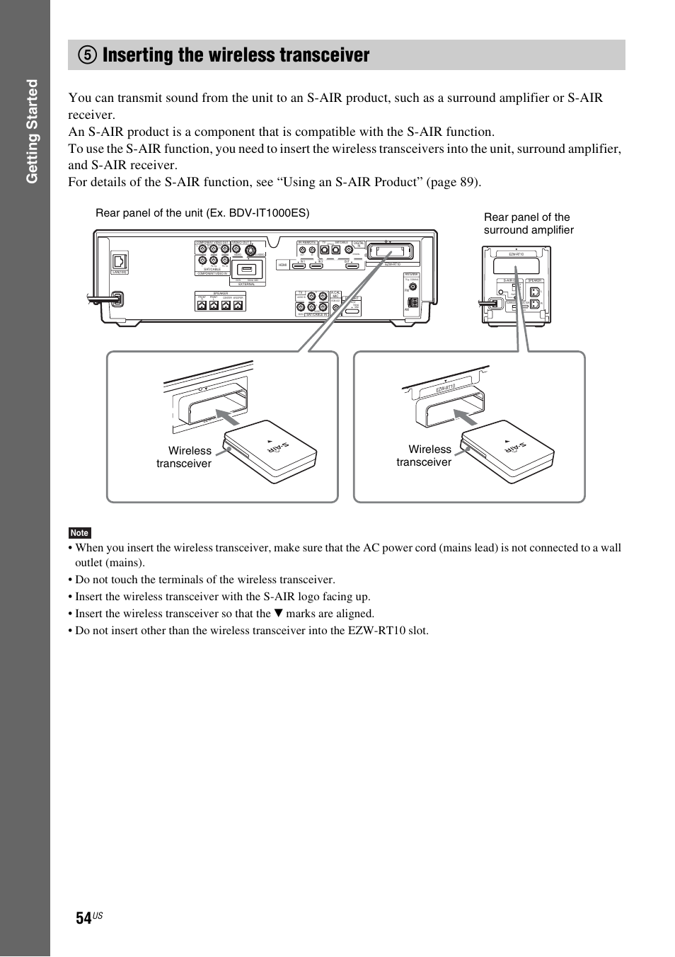 5 inserting the wireless transceiver, 5inserting the wireless transceiver, Gettin g star ted | Sony BDV-IT1000ES User Manual | Page 54 / 155