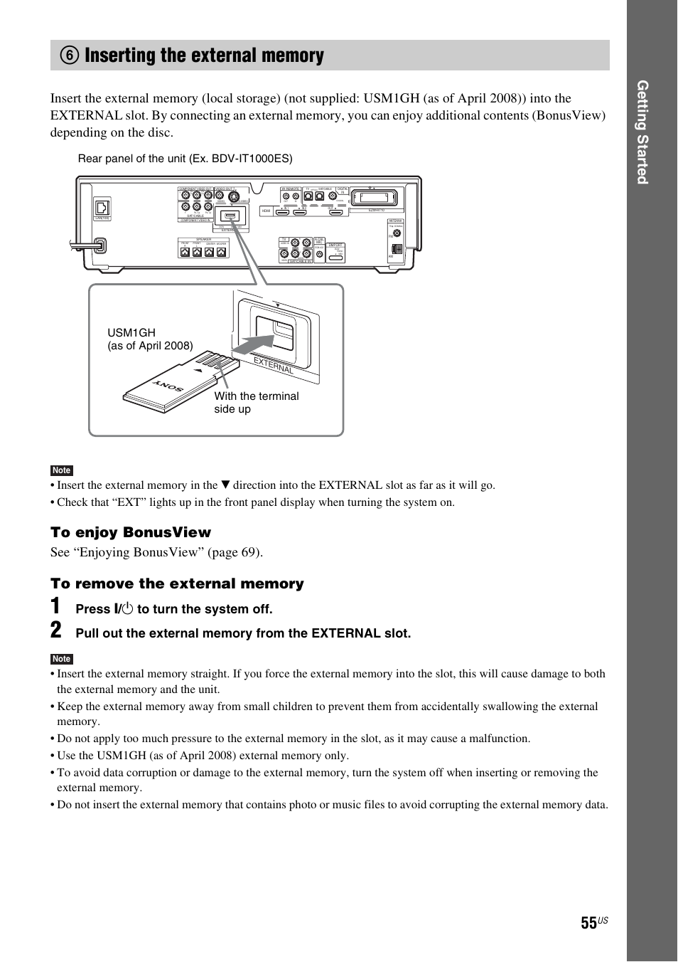 6 inserting the external memory, Rnal slot (55), Ge tting star te d | Se e “enjoying bonusview” (page 69), Press " / 1 to turn the system off | Sony BDV-IT1000ES User Manual | Page 55 / 155