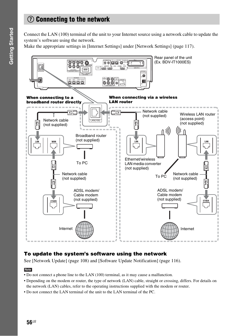 7 connecting to the network, 7connecting to the network, Gettin g star ted | Sony BDV-IT1000ES User Manual | Page 56 / 155