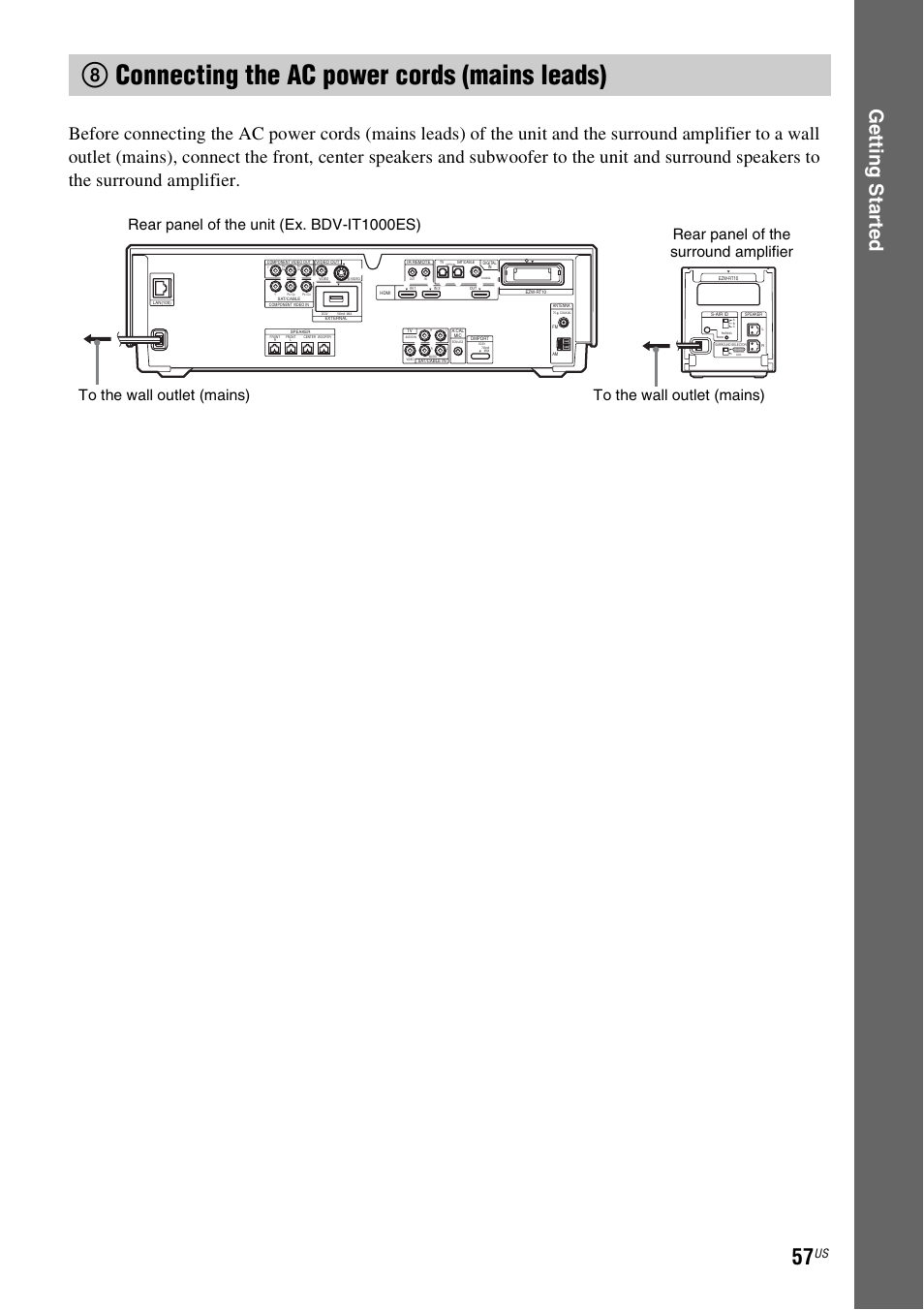 8 connecting the ac power cords (mains leads), 8connecting the ac power cords (mains leads), Ge tting star te d | Sony BDV-IT1000ES User Manual | Page 57 / 155