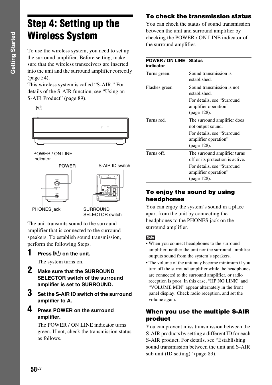 Step 4: setting up the wireless system, Step 4: setting up the wireless, System | Gettin g star ted, When you use the multiple s-air product, The system turns on | Sony BDV-IT1000ES User Manual | Page 58 / 155