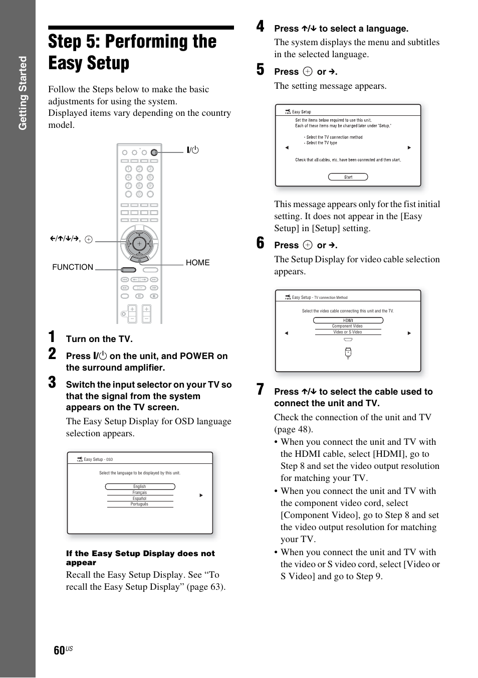 Step 5: performing the easy setup, Step 5: performing the easy, Setup | Ack (60, Gettin g star ted | Sony BDV-IT1000ES User Manual | Page 60 / 155