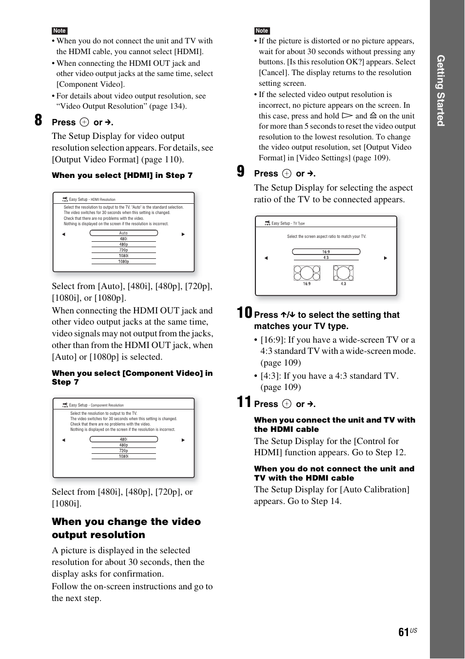 Ge tting star te d, When you change the video output resolution | Sony BDV-IT1000ES User Manual | Page 61 / 155