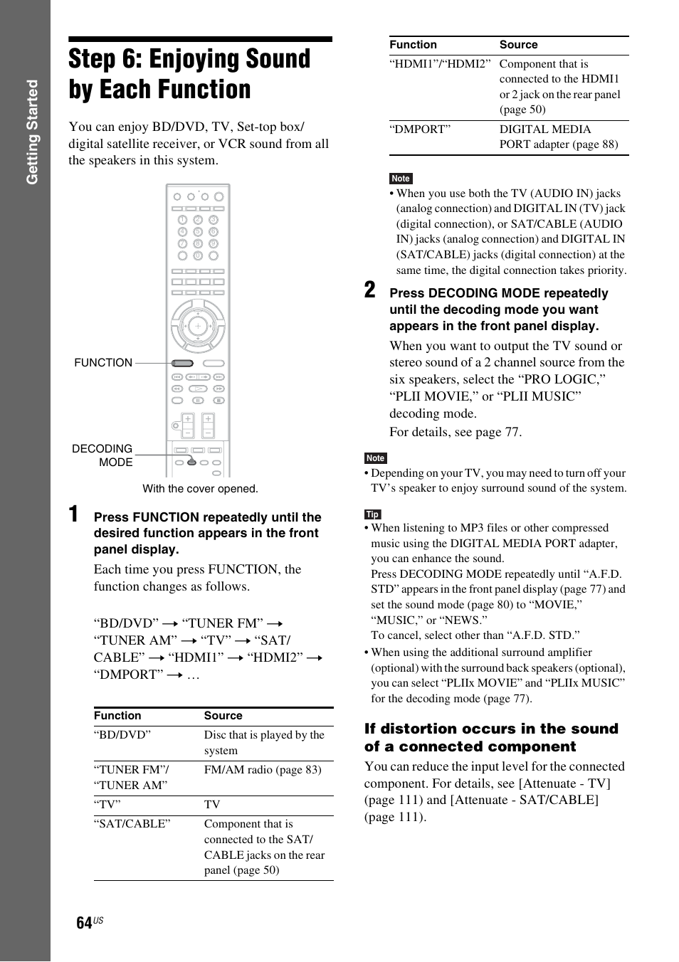 Step 6: enjoying sound by each function, Step 6: enjoying sound by each, Function | Gettin g star ted | Sony BDV-IT1000ES User Manual | Page 64 / 155