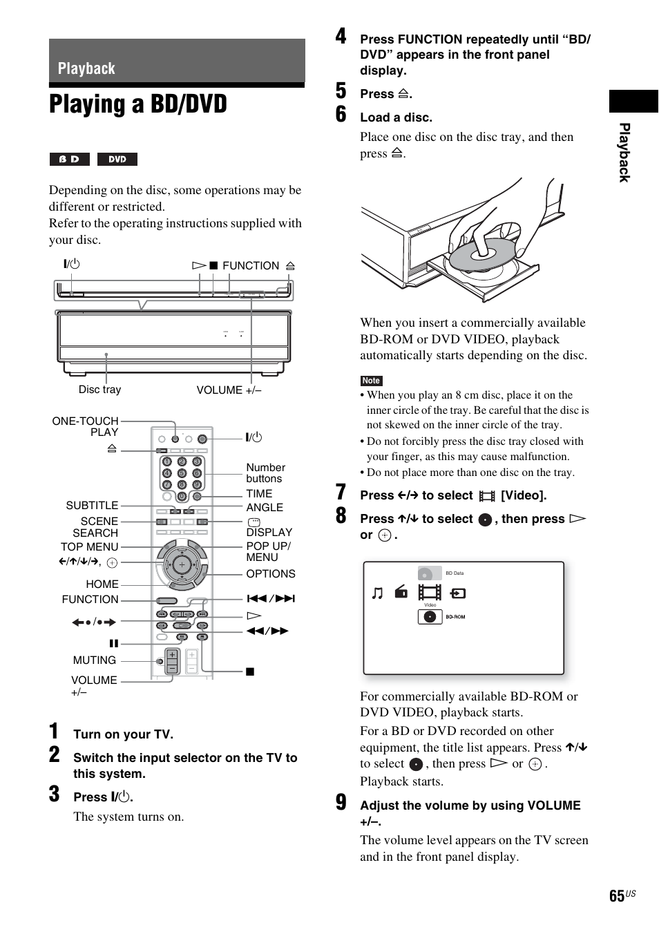 Playback, Playing a bd/dvd, Se) (65) | Ext) (65, Ay) (65, Sc tray (65), Play b a ck | Sony BDV-IT1000ES User Manual | Page 65 / 155