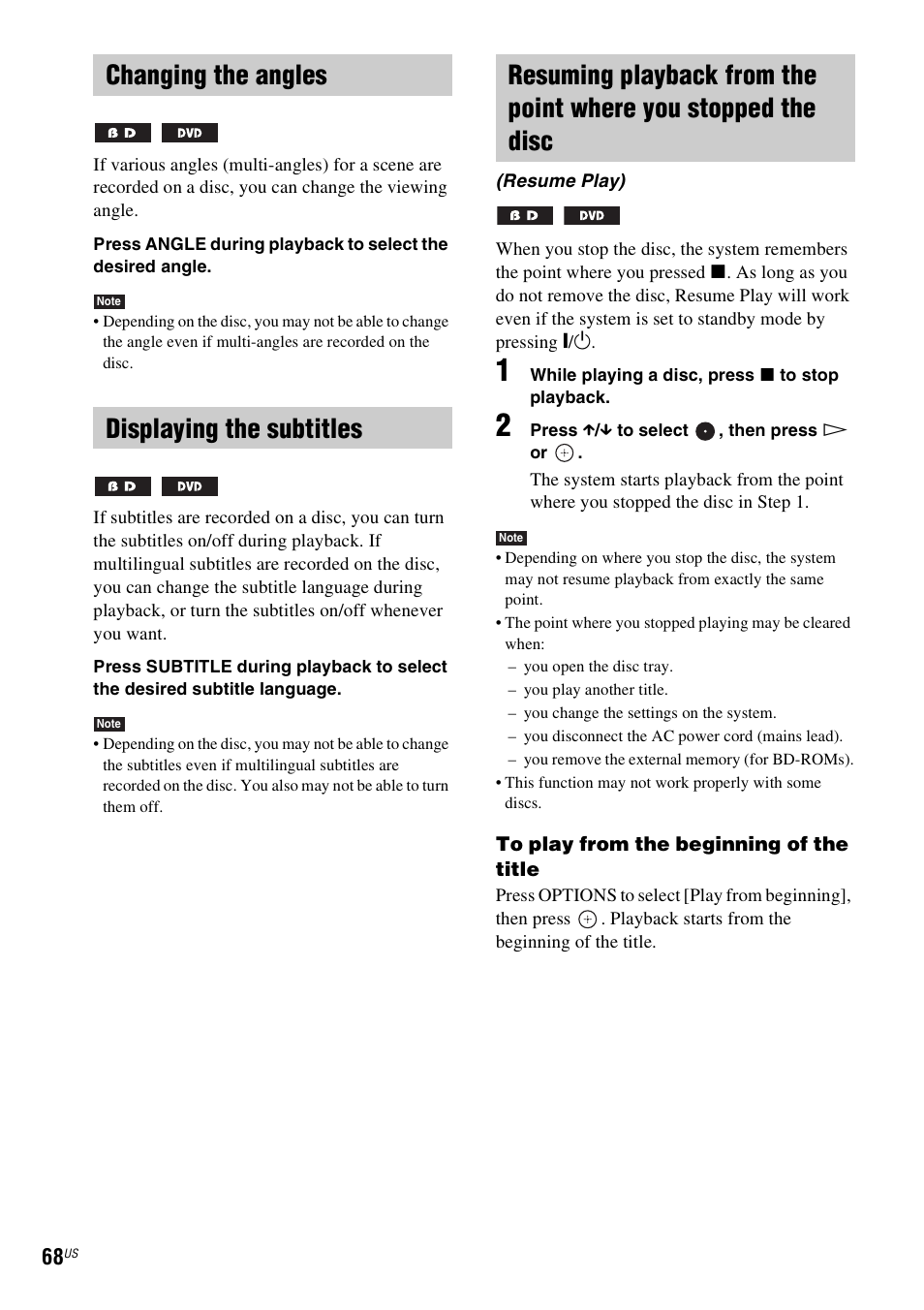 Changing the angles, Displaying the subtitles | Sony BDV-IT1000ES User Manual | Page 68 / 155